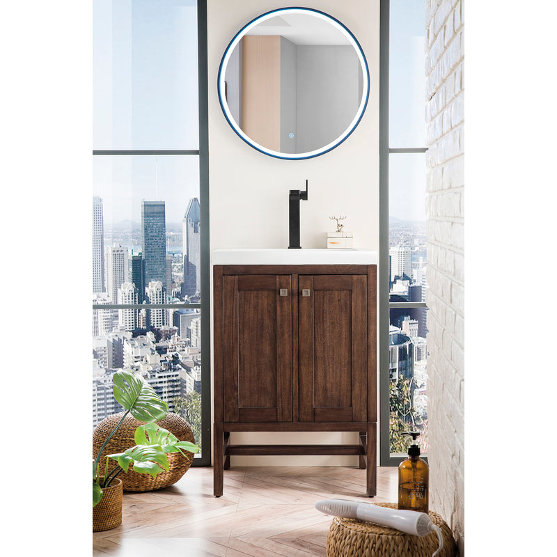 James Martin Addison 24" Single Vanity Cabinet with Doors Mid Century Acacia with White Glossy Resin Countertop E445-V24-MCA-WG