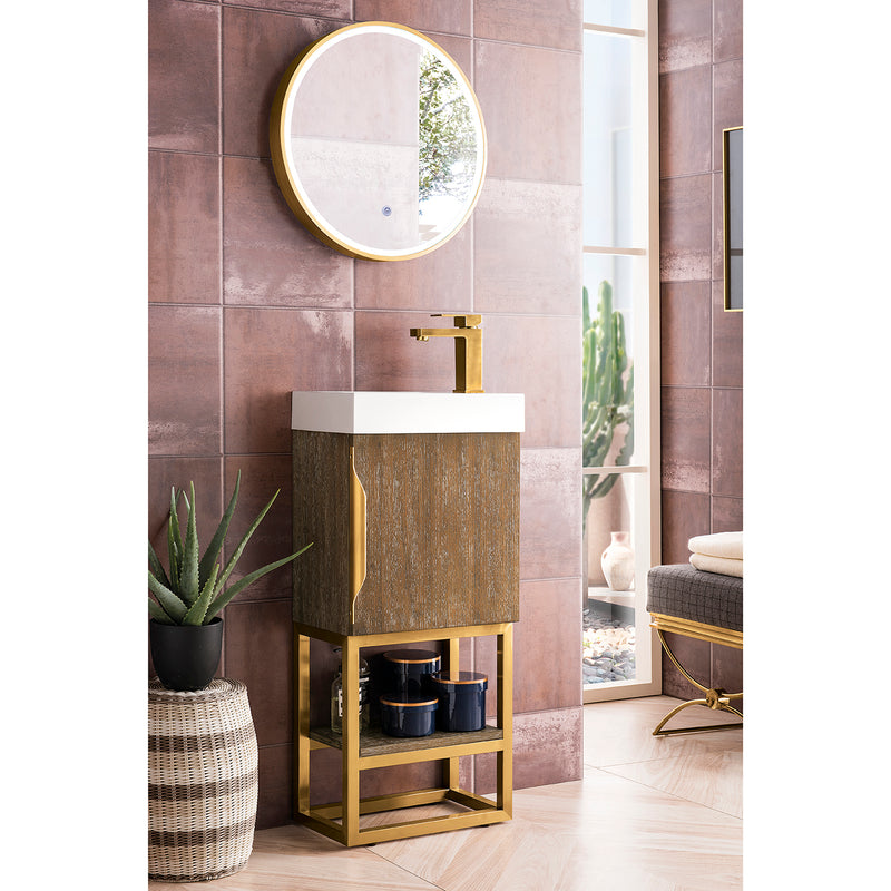 James Martin Columbia 16" Single Vanity Cabinet Latte Oak Radiant Gold with White Glossy Composite Countertop 388V16LTORGDWG