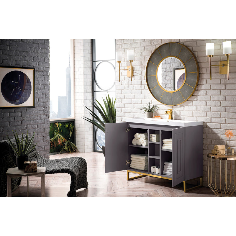 James Martin Alicante' 39.5" Single Vanity Cabinet Gray Smoke Radiant Gold with White Glossy Resin Countertop E110-V39.5-GSM-RGD-WG