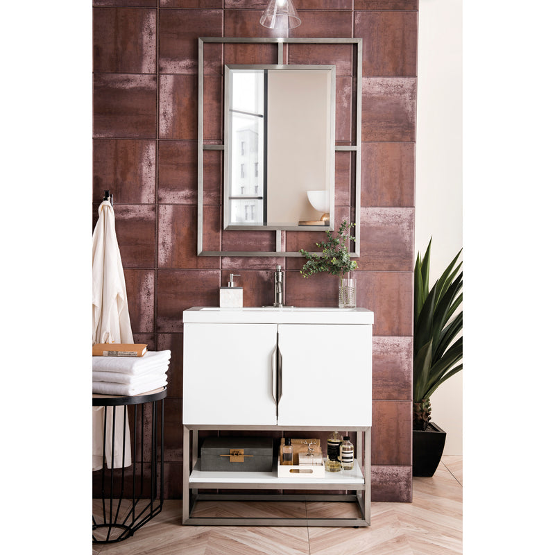 James Martin Columbia 31.5" Single Vanity Cabinet Glossy White Brushed Nickel with White Glossy Resin Countertop 388-V31.5-GW-BNK-WG