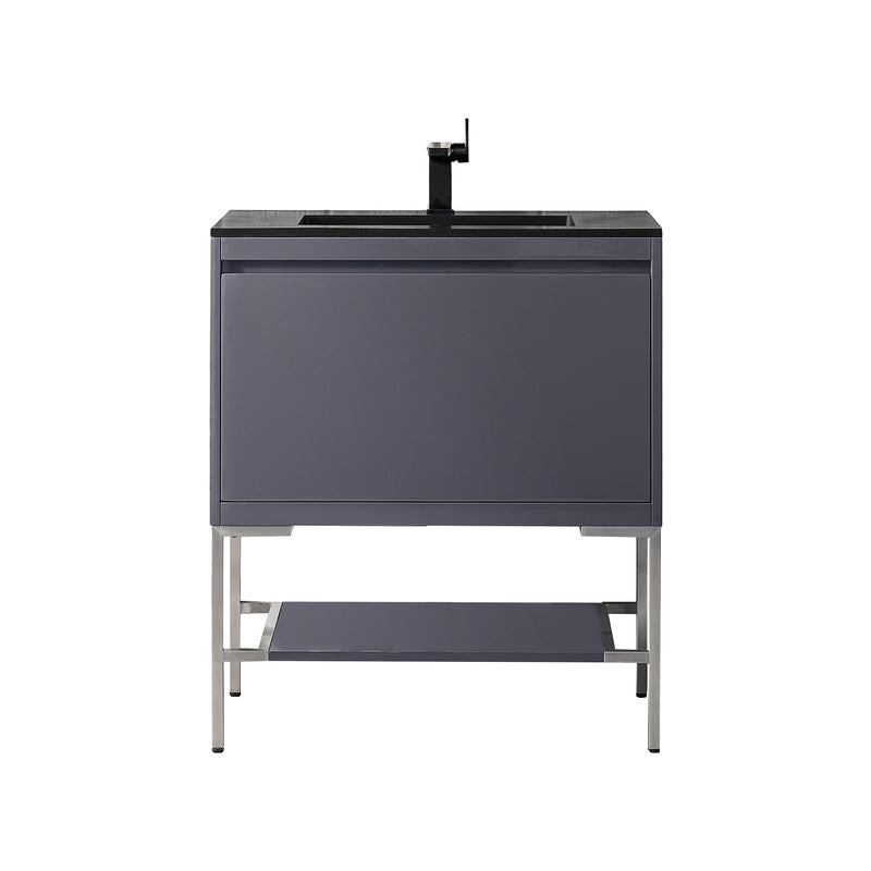 James Martin Milan 31.5" Single Vanity Cabinet Modern Grey Glossy Brushed Nickel with Charcoal Black Composite Top 801V31.5MGGBNKCHB