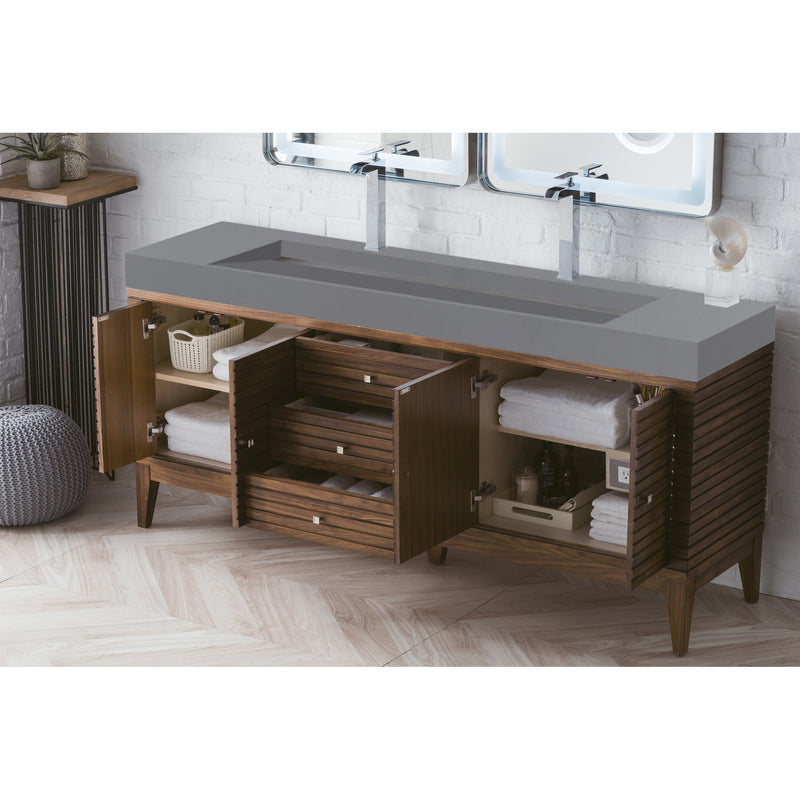 James Martin Linear 72" Double Vanity Mid Century Walnut with Dusk Gray Glossy Composite Top 210-V72D-WLT-DGG