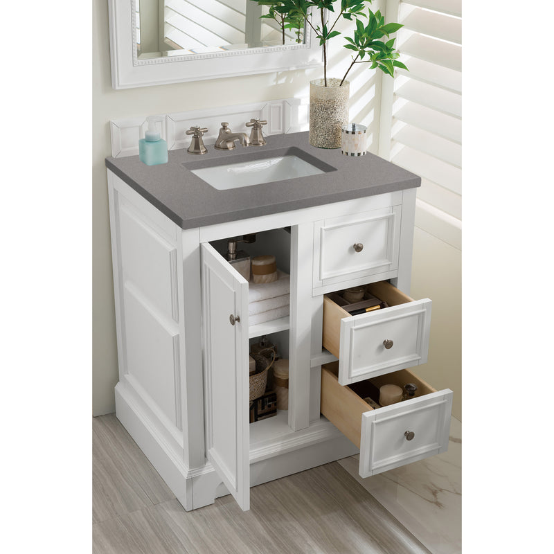 James Martin De Soto 30" Single Vanity Bright White with 3 cm Gray Expo Quartz Top 825-V30-BW-3GEX