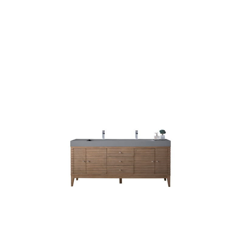 James Martin Linear 72" Double Vanity Whitewashed Walnut with Dusk Grey Glossy Composite Top 210-V72D-WW-DGG