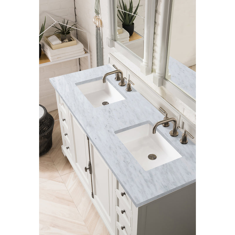 James Martin Providence 60" Bright White Double Vanity with 3 cm Carrara Marble Top 238-105-V60D-BW-3CAR