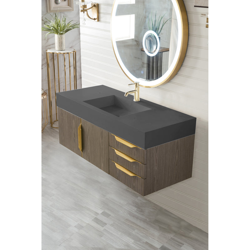 James Martin Mercer Island 48" Single Vanity Ash Gray Radiant Gold with Dusk Gray Glossy Composite Top 389-V48-AGR-G-DGG