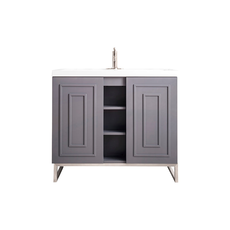 James Martin Alicante' 39.5" Single Vanity Cabinet Grey Smoke Brushed Nickel with White Glossy Composite Countertop E110V39.5GSMBNKWG