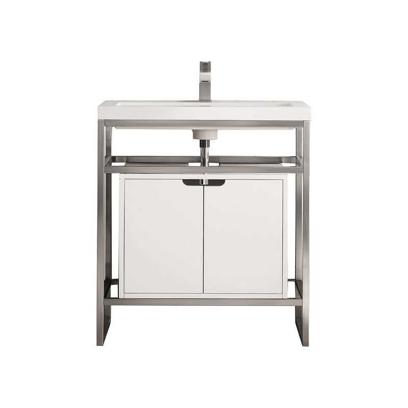 James Martin Boston 31.5" Stainless Steel Sink Console Brushed Nickel with Glossy White Storage Cabinet White Glossy Composite Countertop C105V31.5BNKSCGWWG