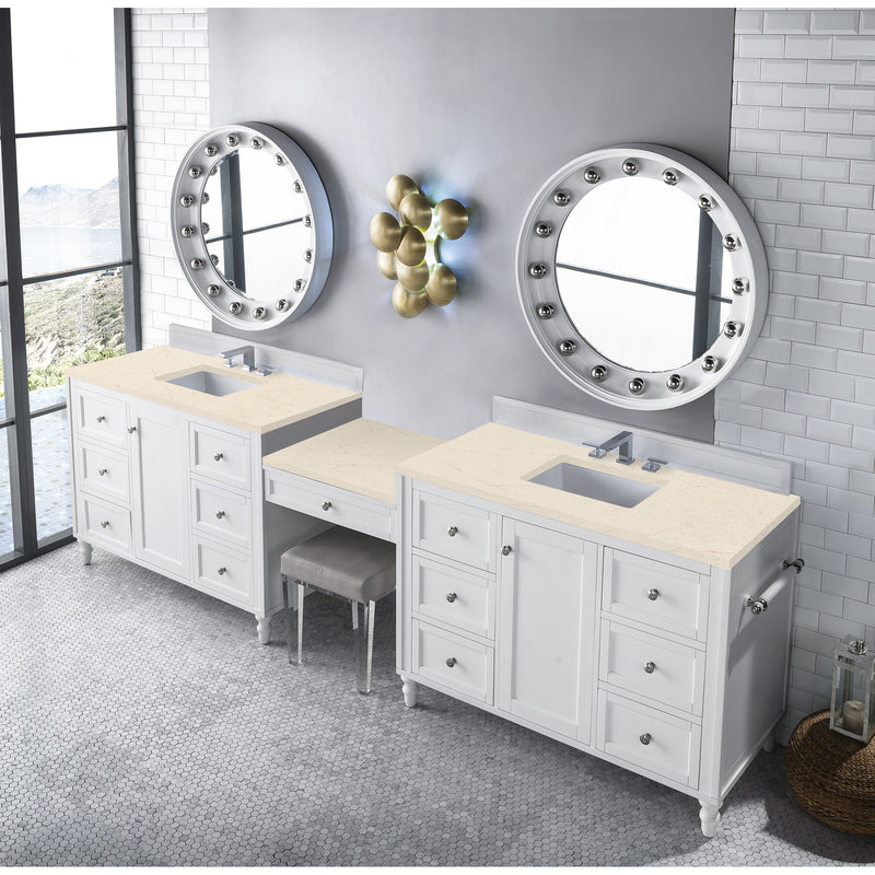 James Martin Copper Cove Encore 122" Double Vanity Set Bright White with Makeup Table 3 cm Eternal Marfil Quartz Top 301-V122-BW-DU-3EMR