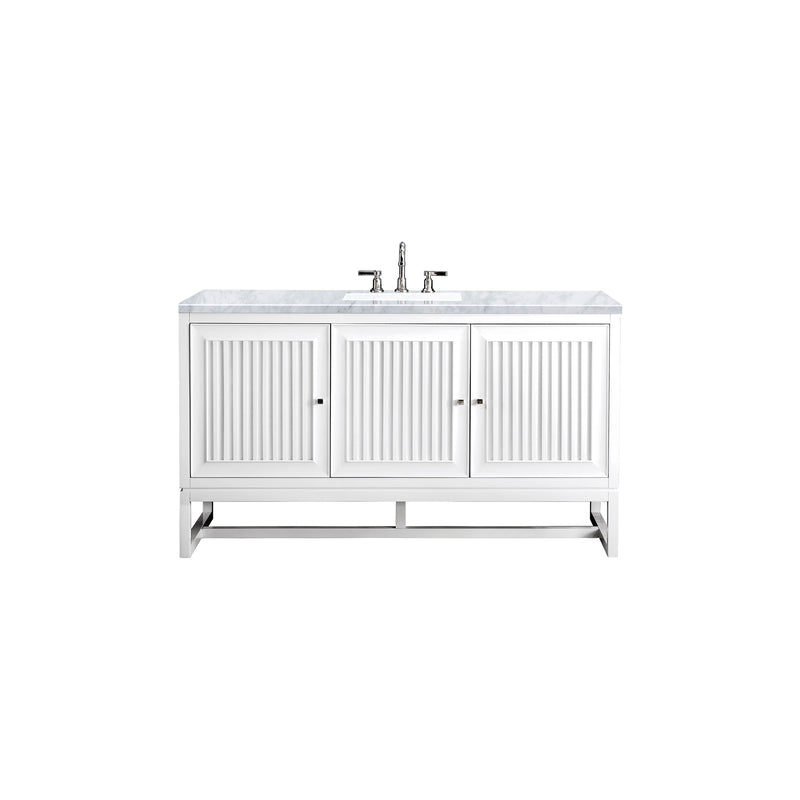 James Martin Athens 60" Single Vanity Cabinet Glossy White with 3 cm Carrara White Top E645-V60S-GW-3CAR