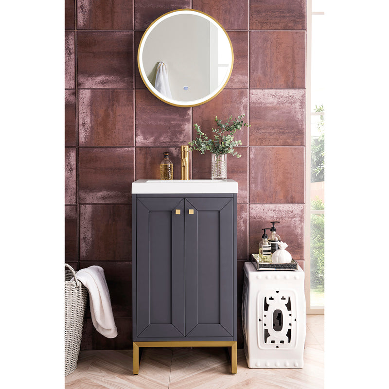 James Martin Chianti 20" Single Vanity Cabinet Mineral Gray Radiant Gold with White Glossy Composite Countertop E303V20MGRGDWG