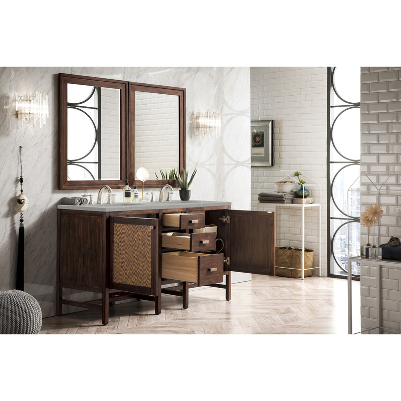 James Martin Addison 60" Double Vanity Cabinet Mid Century Acacia with 3 cm Eternal Serena Quartz Top E444-V60D-MCA-3ESR