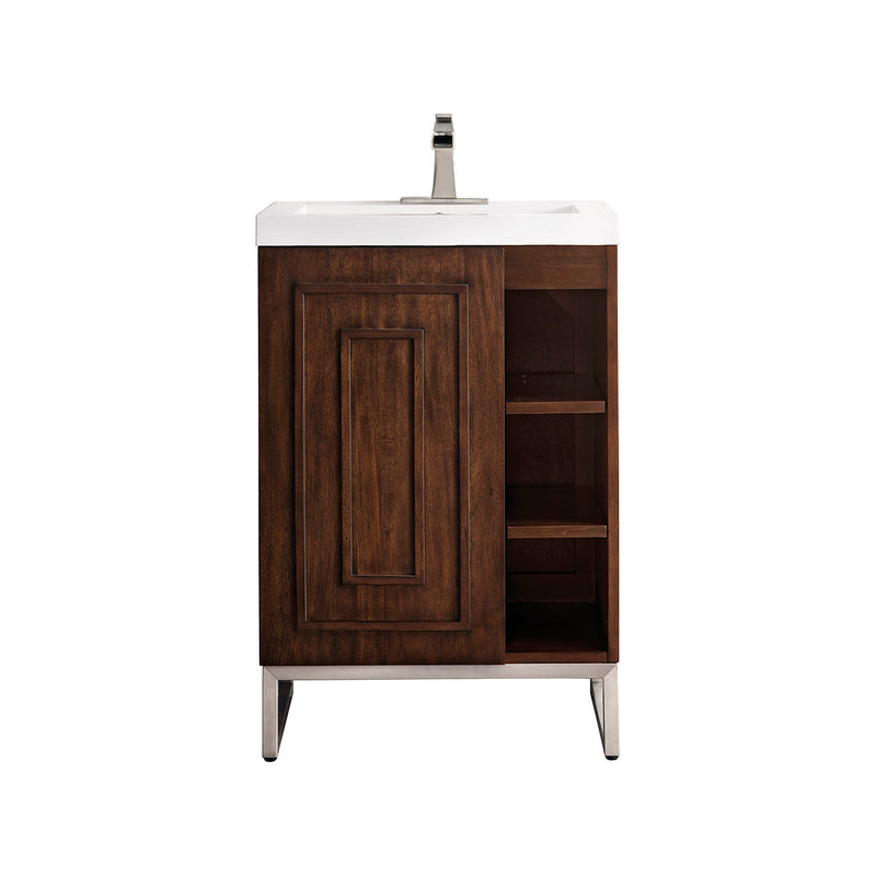 James Martin Alicante' 24" Single Vanity Cabinet Mid Century Acacia Brushed Nickel with White Glossy Composite Countertop E110V24MCABNKWG