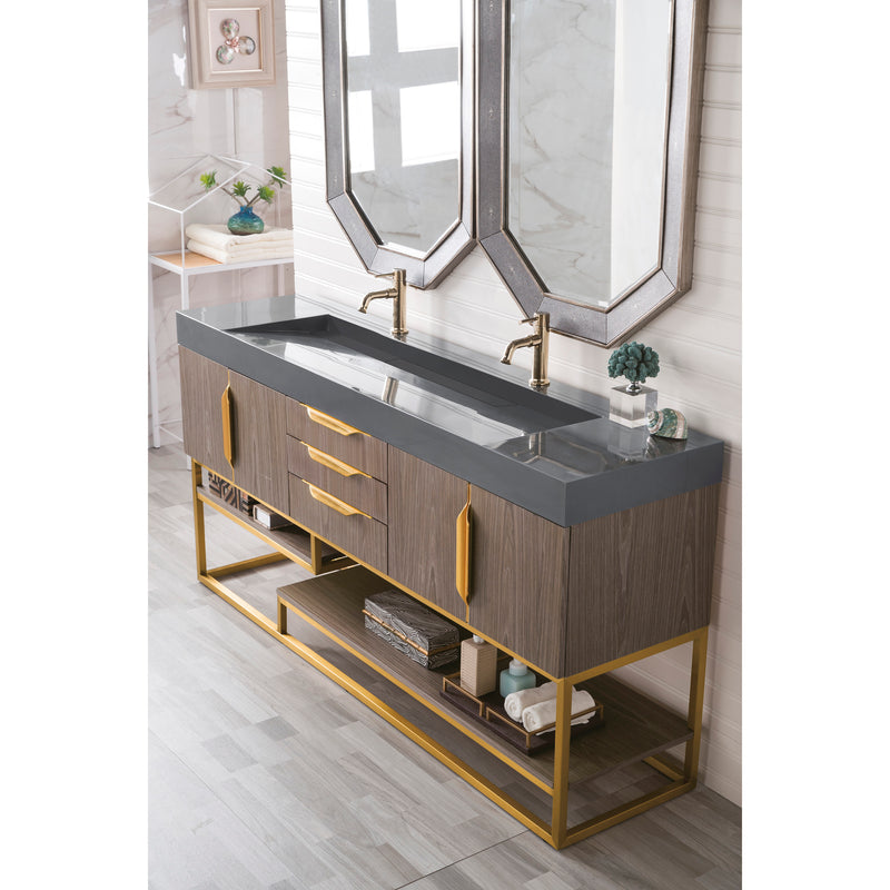 James Martin Columbia 72" Double Vanity Ash Gray Radiant Gold with Dusk Gray Glossy Composite Top 388-V72D-AGR-RG-DGG