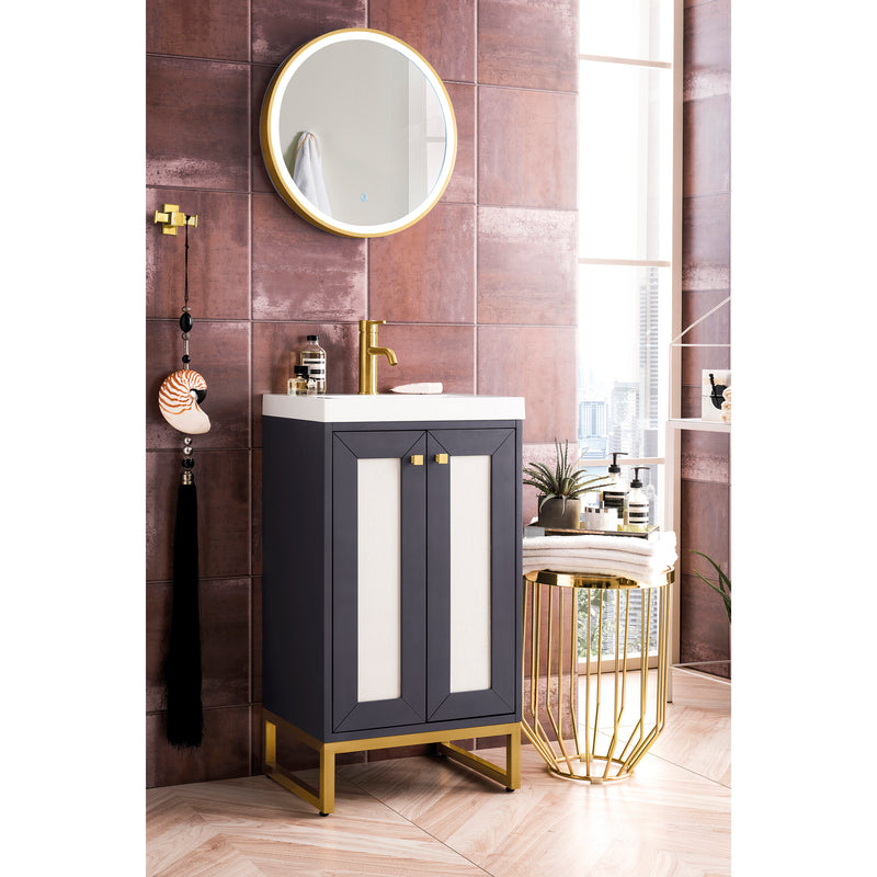 James Martin Chianti 20" Single Vanity Cabinet Mineral Gray Radiant Gold with White Glossy Resin Countertop E303-V20-MG-RGD-WG