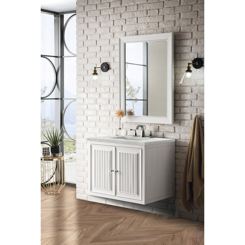 James Martin Athens 30" Single Vanity Cabinet Glossy White with 3 cm Eternal Jasmine Pearl Quartz Top E645-V30-GW-3EJP