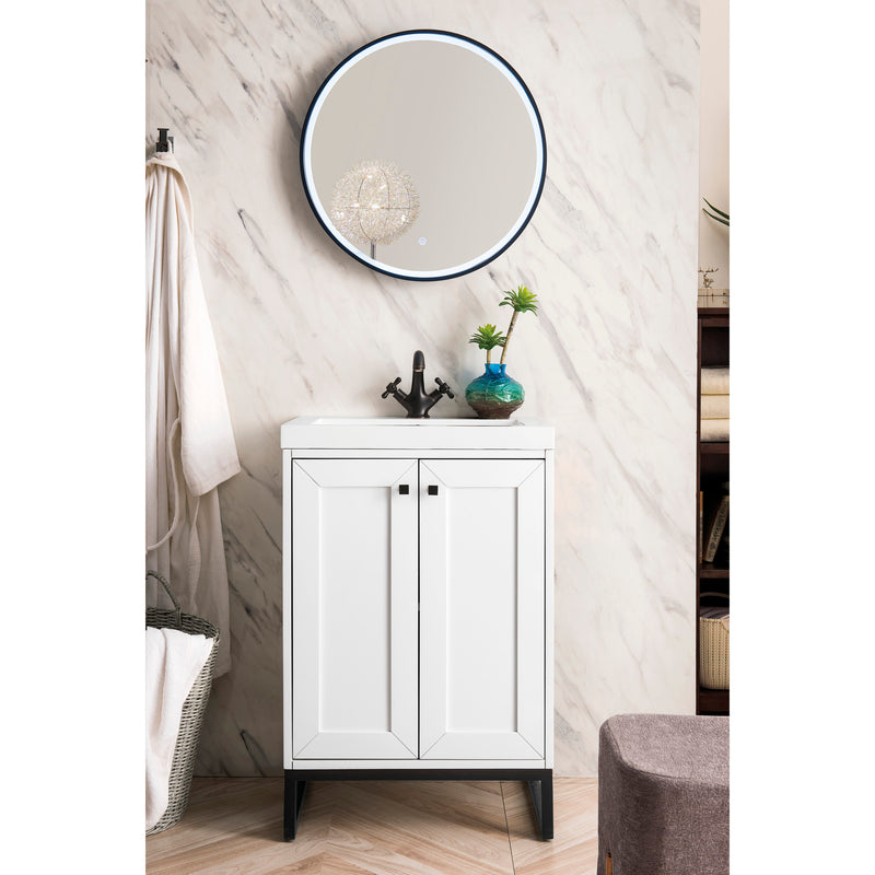 James Martin Chianti 24" Single Vanity Cabinet Glossy White Matte Black with White Glossy Resin Countertop E303-V24-GW-MBK-WG