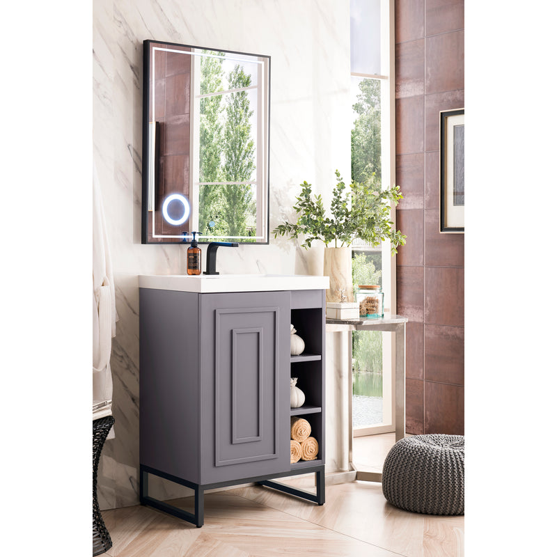 James Martin Alicante' 24" Single Vanity Cabinet Gray Smoke Matte Black with White Glossy Resin Countertop E110-V24-GSM-MBK-WG