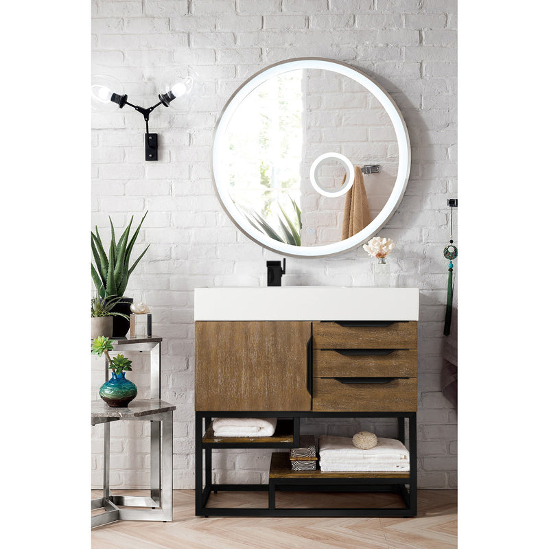 James Martin Columbia 36" Single Vanity Latte Oak Matte Black with Glossy White Composite Top 388-V36-LTO-MB-GW