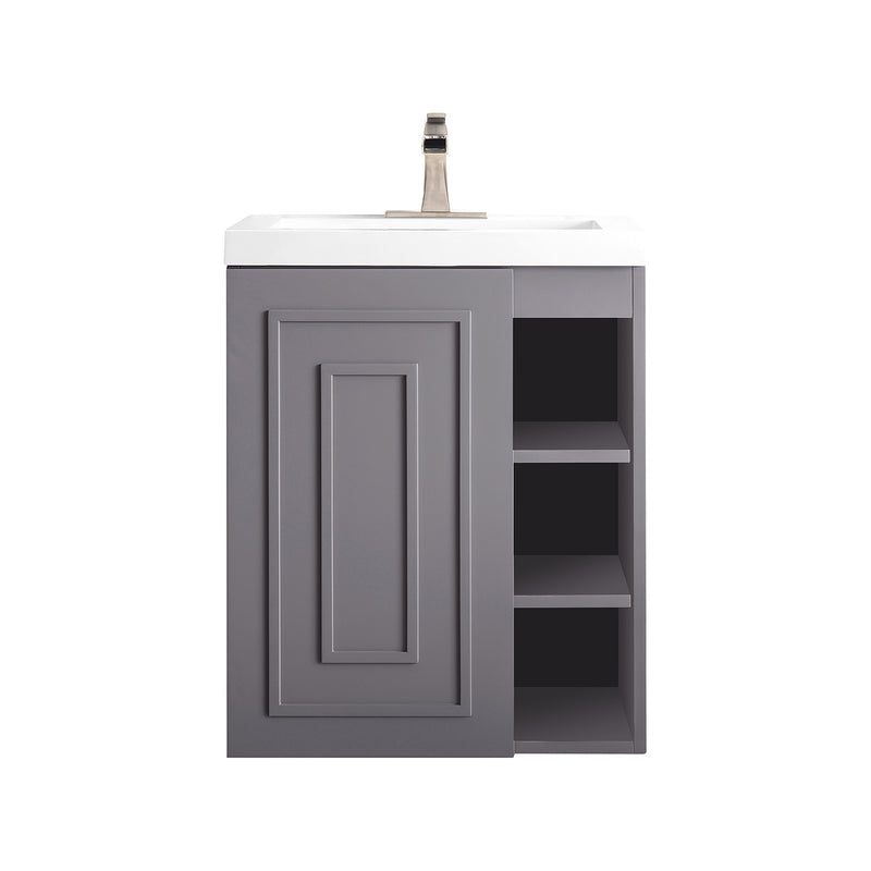 James Martin Alicante' 24" Single Vanity Cabinet Gray Smoke with White Glossy Composite Countertop E110V24GSMWG