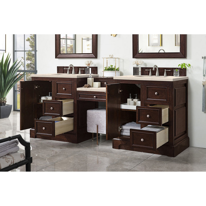 James Martin De Soto 82" Double Vanity Set Burnished Mahogany with Makeup Table 3 cm Eternal Marfil Quartz Top 825-V82-BNM-DU-EMR