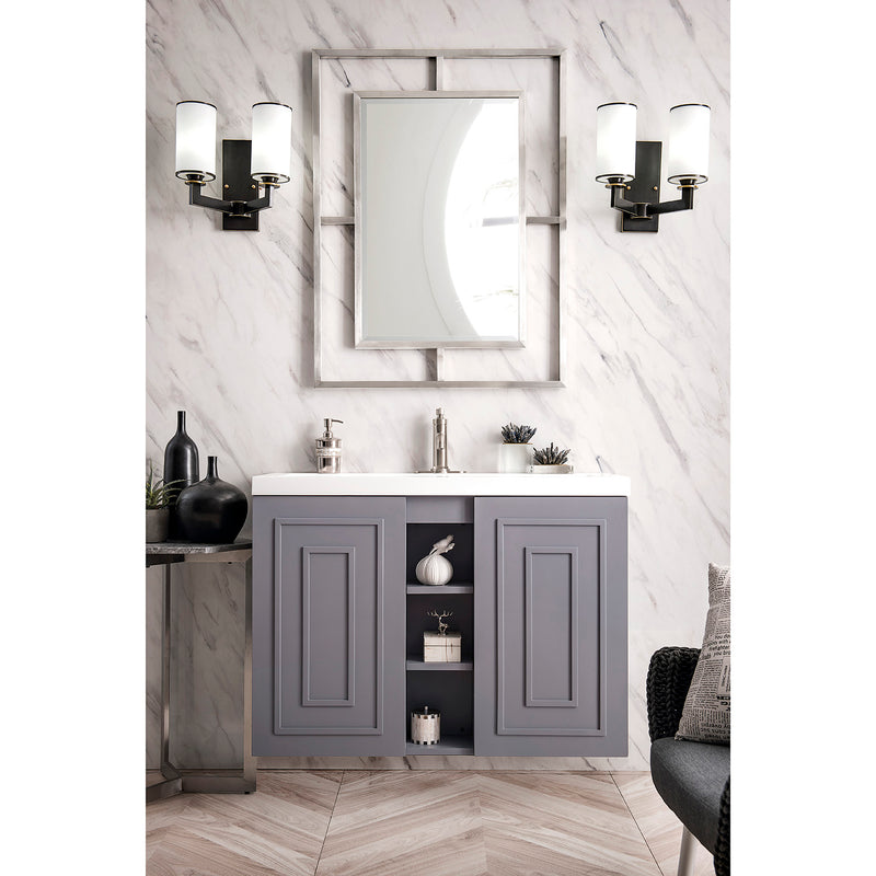 James Martin Alicante' 39.5" Single Vanity Cabinet Gray Smoke with White Glossy Composite Countertop E110V39.5GSMWG