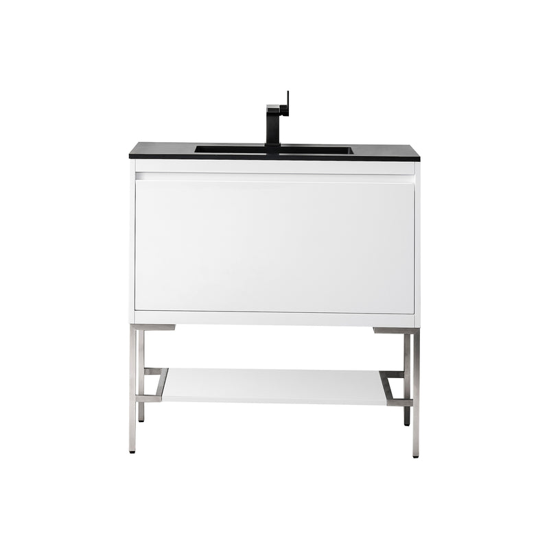 James Martin Milan 35.4" Single Vanity Cabinet Glossy White Brushed Nickel with Charcoal Black Composite Top 801V35.4GWBNKCHB