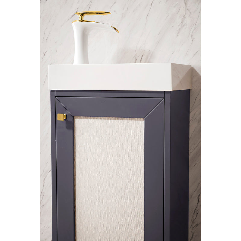 James Martin Chianti 16" Single Vanity Cabinet Mineral Gray Radiant Gold with White Glossy Composite Countertop E303V16MGRGDWG