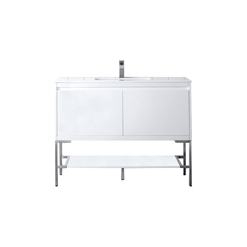 James Martin Milan 47.3" Single Vanity Cabinet Glossy White Brushed Nickel with Glossy White Composite Top 801V47.3GWBNKGW