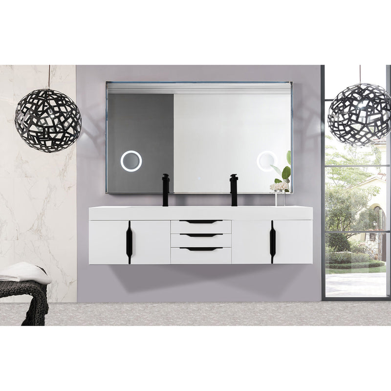 James Martin Mercer Island 72" Double Vanity Glossy White Matte Black with Glossy White Composite Top 389-V72D-GW-MB-GW