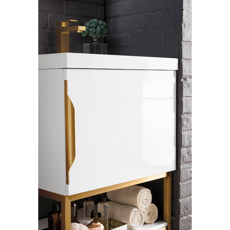 James Martin Columbia 24" Single Vanity Cabinet Glossy White Radiant Gold with White Glossy Resin Countertop 388-V24-GW-RGD-WG