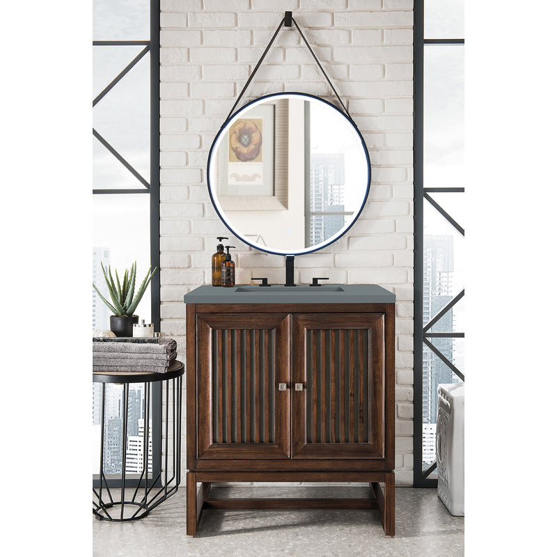 James Martin Athens 30" Single Vanity Cabinet Mid Century Acacia with 3 cm Cala Blue Top E645-V30-MCA-3CBL