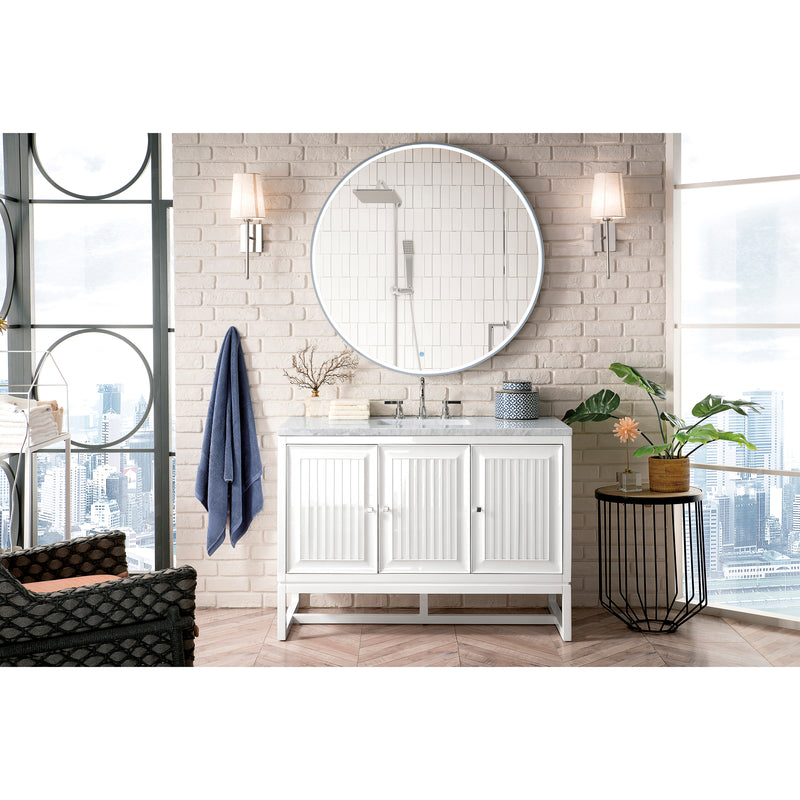 James Martin Athens 48" Single Vanity Cabinet Glossy White with 3 cm Carrara White Top E645-V48-GW-3CAR