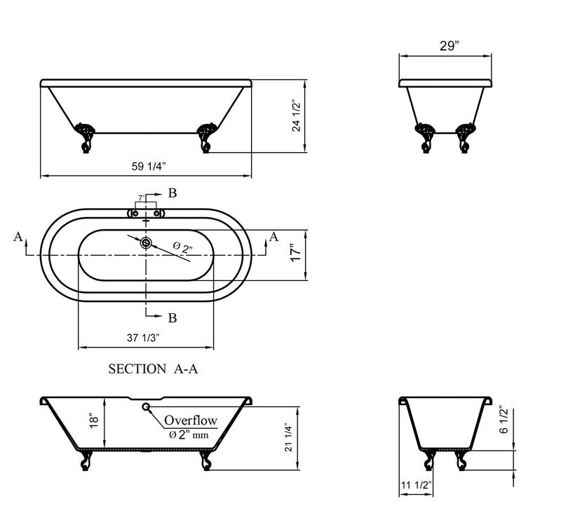 Cambridge Plumbing Acrylic Slipper Clawfoot Bathtub 60" x 29" Bronze Finish 7" Drillings