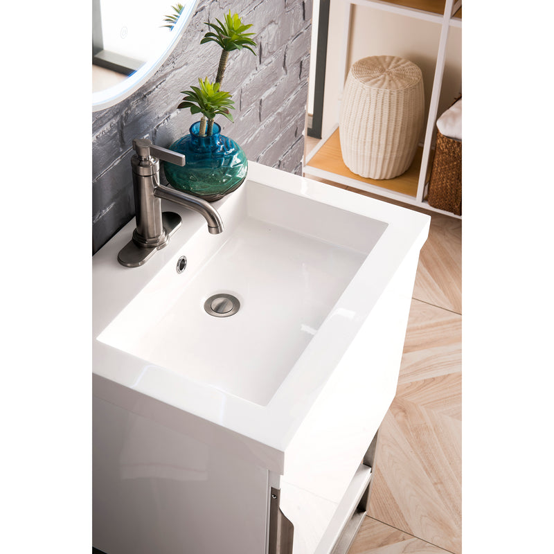 James Martin Columbia 24" Single Vanity Cabinet Glossy White Brushed Nickel with White Glossy Resin Countertop 388-V24-GW-BNK-WG