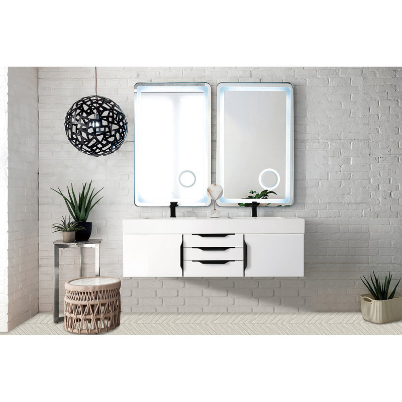 James Martin Mercer Island 59" Double Vanity Glossy White Matte Black with Glossy White Composite Top 389-V59D-GW-MB-GW