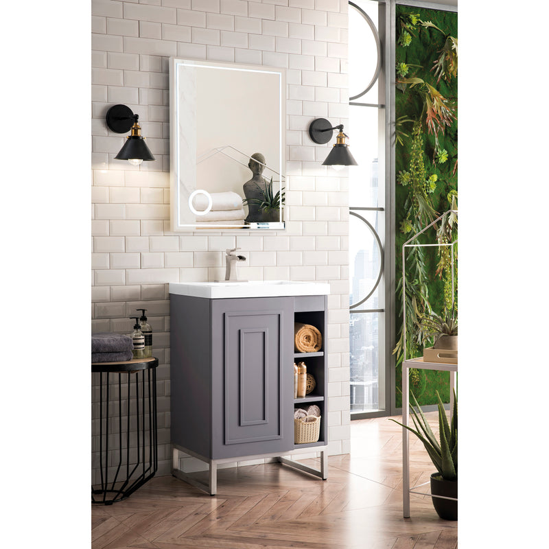 James Martin Alicante' 24" Single Vanity Cabinet Gray Smoke Brushed Nickel with White Glossy Resin Countertop E110-V24-GSM-BNK-WG