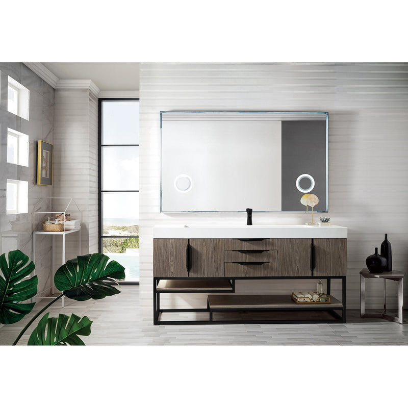 James Martin Columbia 72" Single Vanity Ash Gray Matte Black with Glossy White Composite Top 388-V72S-AGR-MB-GW