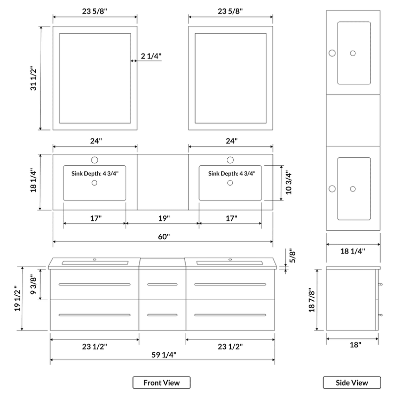 LessCare Vanity Cabinet White Modern 60" LV12-60W