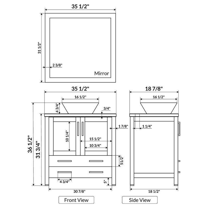 LessCare 36" Modern Vanity Sink Base with Mirror and Vessel Sink Espresso