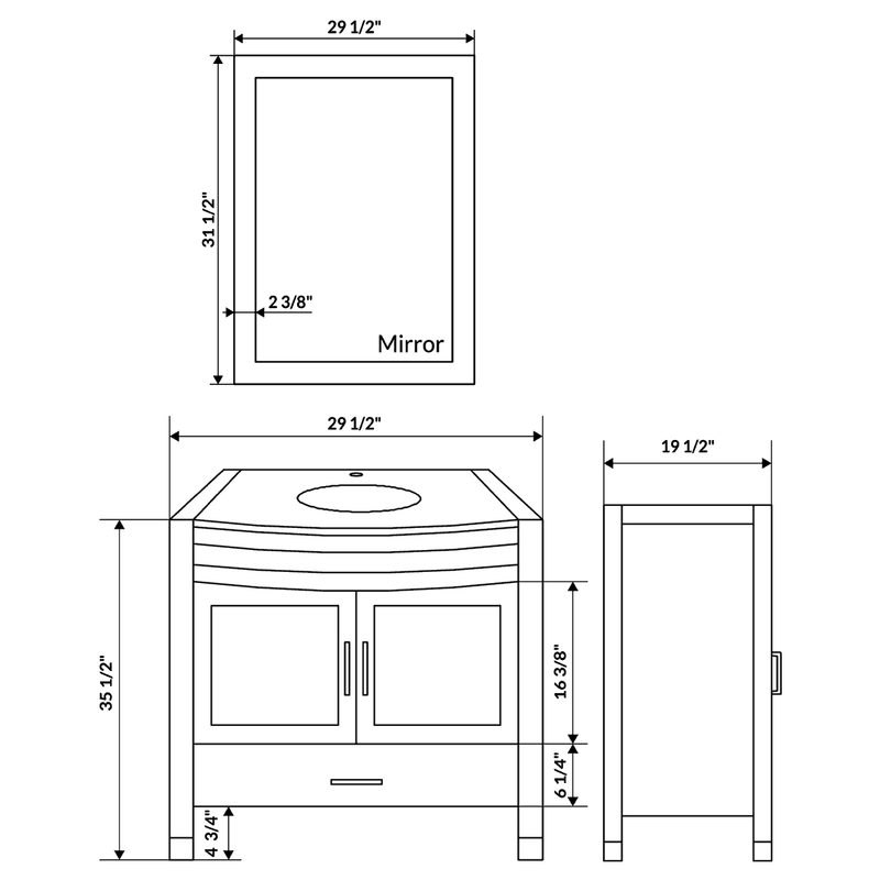 LessCare Style 3 30" White Vanity Sink Base Cabinet with Mirror LV3-30W