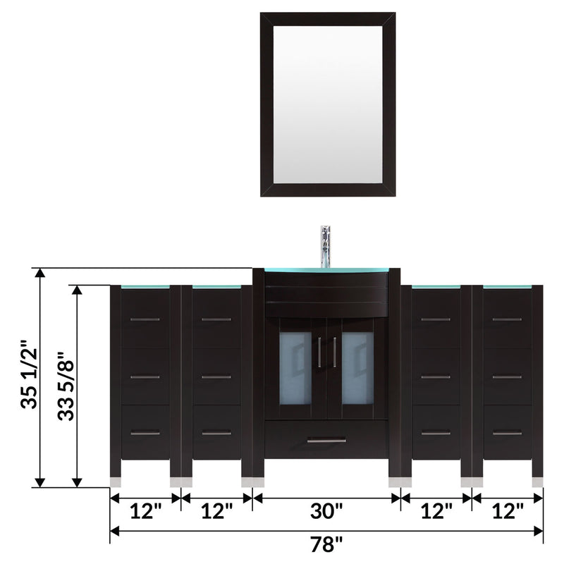 LessCare 78" Black Vanity Set One 30" Sink Base Four 12" Drawer Bases LV3-C8-78-B