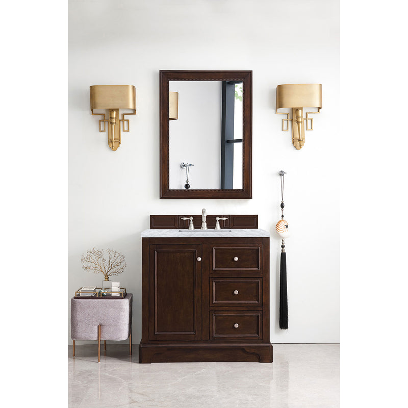 James Martin De Soto 36" Single Vanity Burnished Mahogany with 3 cm Carrara Marble Top 825-V36-BNM-3CAR