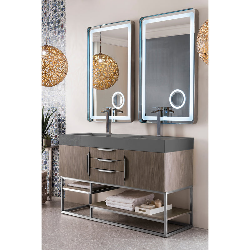 James Martin Columbia 59" Double Vanity Ash Gray with Dusk Gray Glossy Composite Top 388-V59D-AGR-BN-DGG