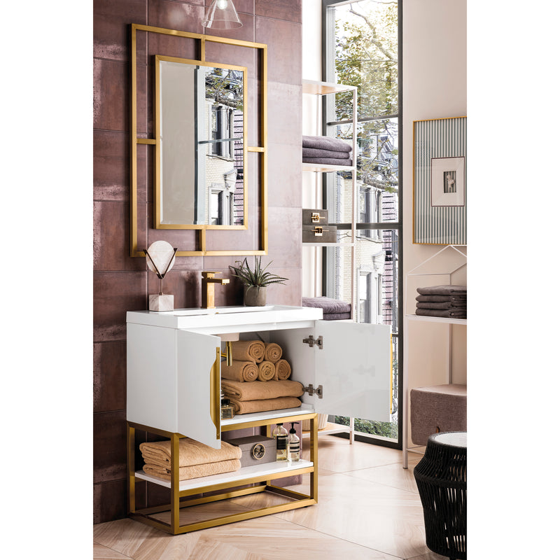 James Martin Columbia 31.5" Single Vanity Cabinet Glossy White Radiant Gold with White Glossy Resin Countertop 388-V31.5-GW-RGD-WG