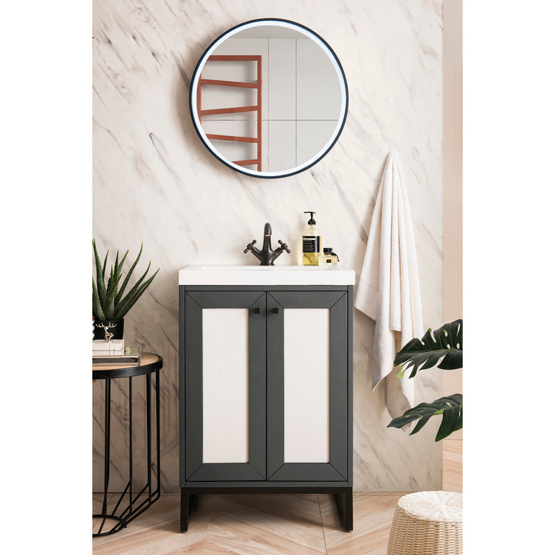 James Martin Chianti 24" Single Vanity Cabinet Mineral Gray Matte Black with White Glossy Resin Countertop E303-V24-MG-MBK-WG