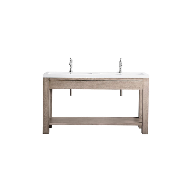 James Martin Brooklyn 63" Wooden Sink Console Platinum Ash with White Glossy Composite Countertop C205V63PTAWG