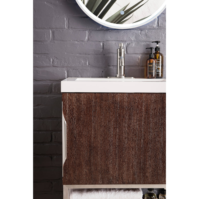 James Martin Columbia 24" Single Vanity Cabinet Coffee Oak Brushed Nickel with White Glossy Composite Countertop 388V24CFOBNKWG