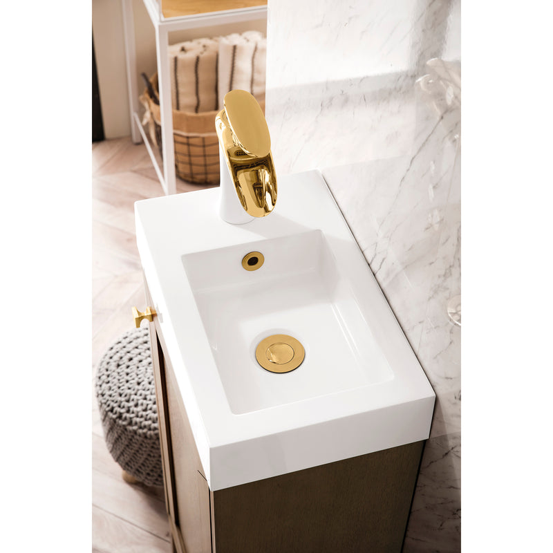 James Martin Chianti 16" Single Vanity Cabinet Whitewashed Walnut Radiant Gold with White Glossy Resin Countertop E303-V16-WW-RGD-WG