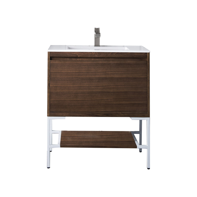 James Martin Milan 31.5" Single Vanity Cabinet Mid Century Walnut Glossy White with Glossy White Composite Top 801V31.5WLTGWGW